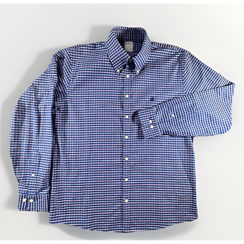 Brooks Brothers Milano Fit Shirt L Blue Red Plaid‎ Non Iron Stretch Cotton Blend
